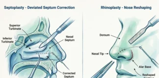 Septoplasty vs rhinoplasty diagram showing internal septum repair vs external nose reshaping surgery comparison