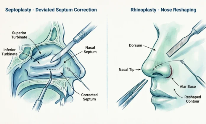 Septoplasty vs rhinoplasty diagram showing internal septum repair vs external nose reshaping surgery comparison