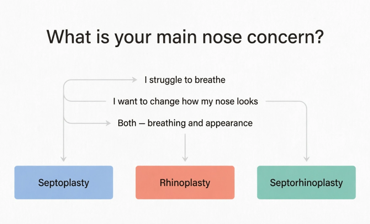 Decision flowchart for septoplasty vs rhinoplasty helping patients choose between breathing surgery, cosmetic nose job, or both