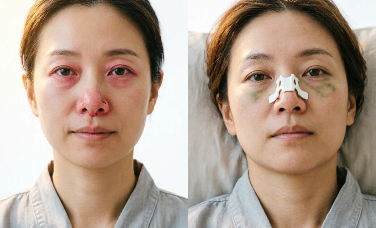 Side by side recovery comparison of septoplasty vs rhinoplasty showing internal discomfort vs visible bruising and nasal splint
