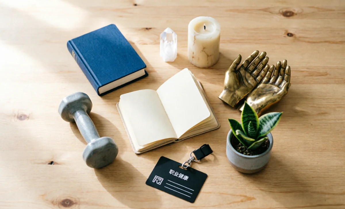 Seven symbolic objects arranged in a circle representing the dimensions of health and wellness.