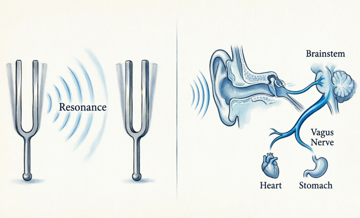 Diagram showing resonance between two tuning forks and the auditory pathway from the ear to the vagus nerve, explaining sound healing science.