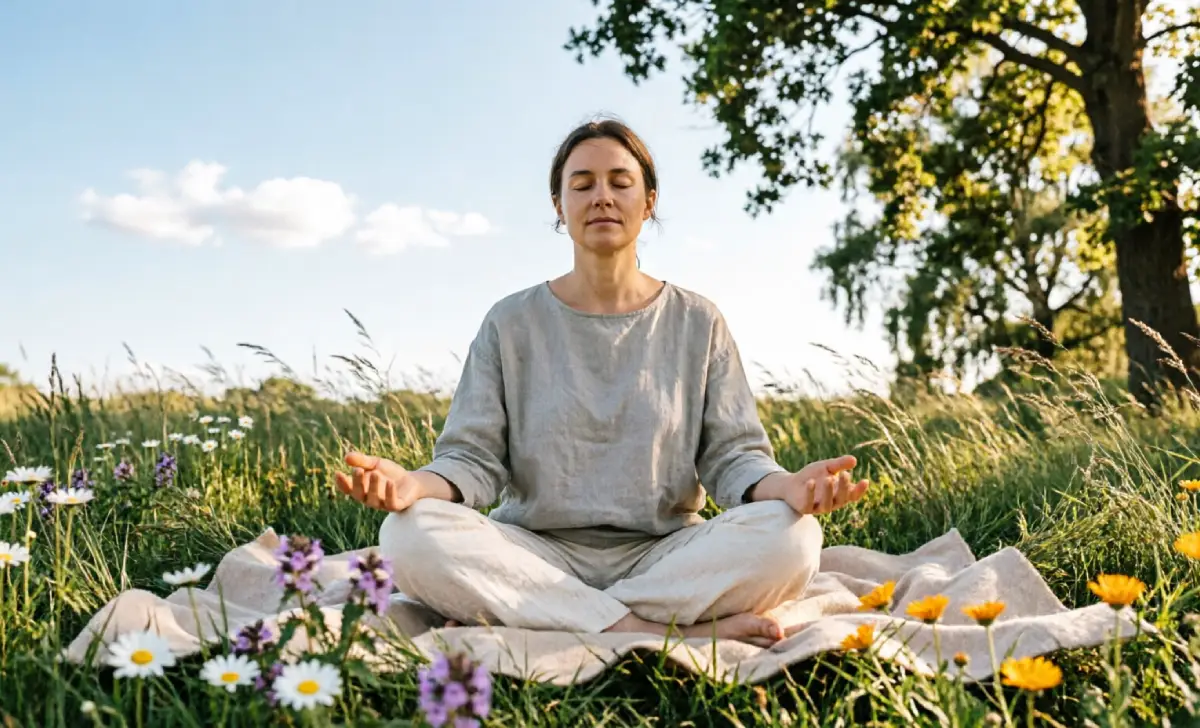 Person meditating peacefully in nature representing spiritual wellness in the 7 dimensions of wellness framework