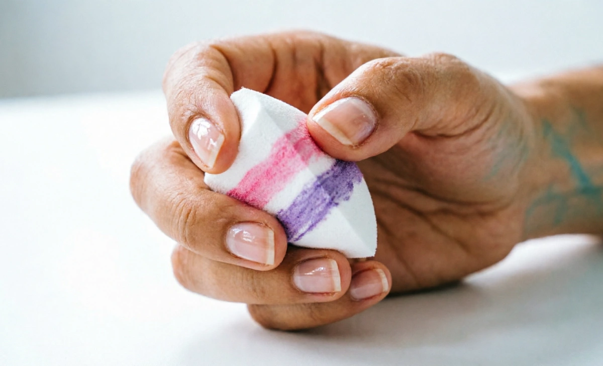Hand dabbing a pink and lavender polish-loaded makeup sponge onto a natural nail to create sponge ombre nails step by step