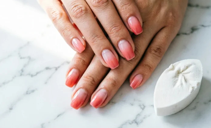 Sponge ombre nails with pink to coral gradient created using a makeup wedge sponge at home on natural nails