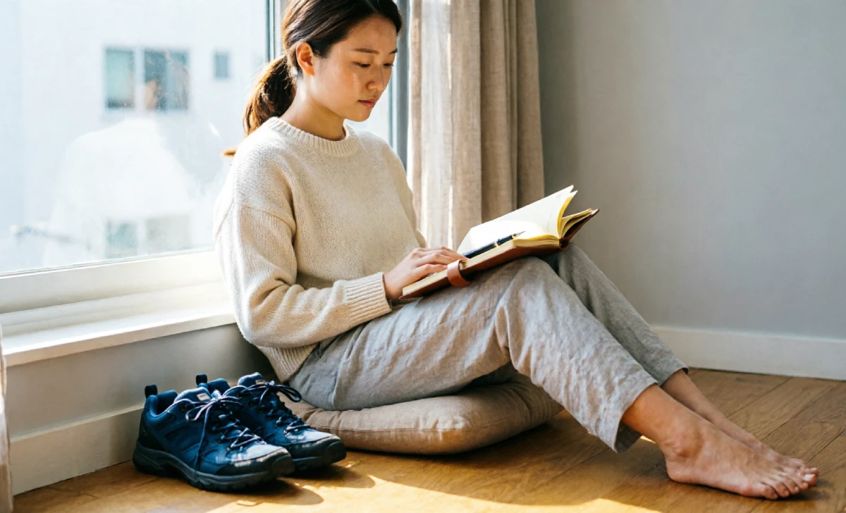 A person sipping tea by a window with journal and walking shoes, representing small steps toward health and wellness.