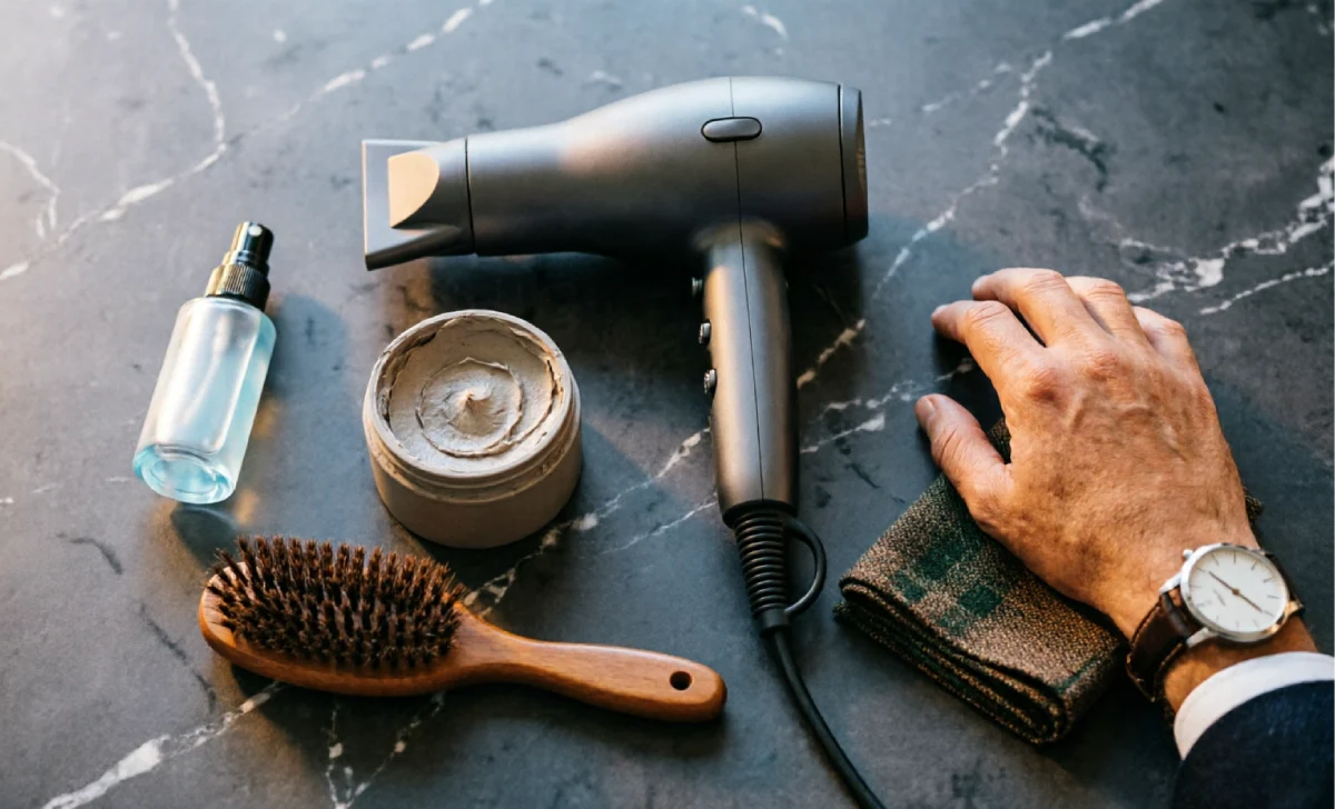 Styling products and tools for thick hair men including sea salt spray matte clay blow dryer and round brush