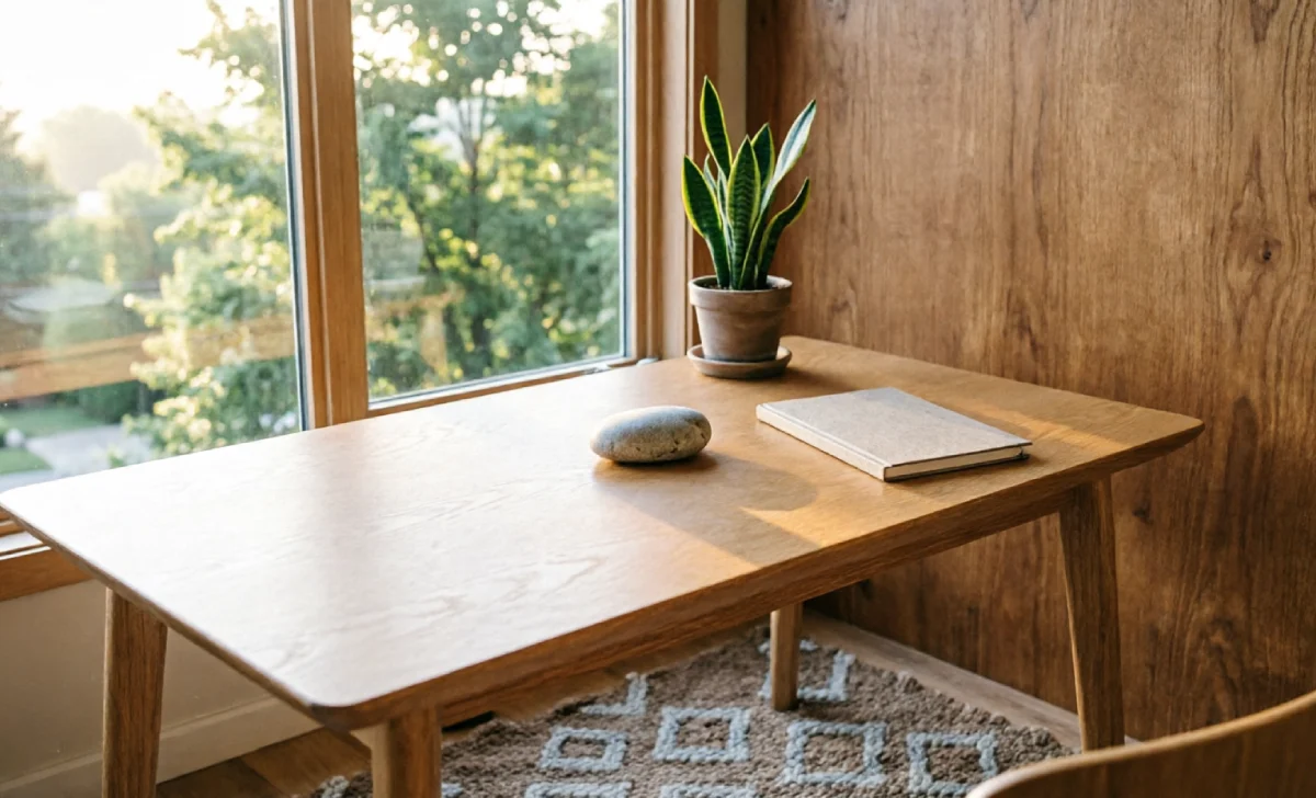 A biophilic home office corner applying sustainable interior design principles — oak desk, snake plant, wool rug, and a window view of trees.