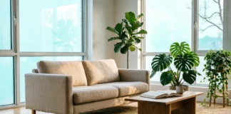 A bright living room showing sustainable interior design principles with wood, linen, jute rug, and indoor plants.