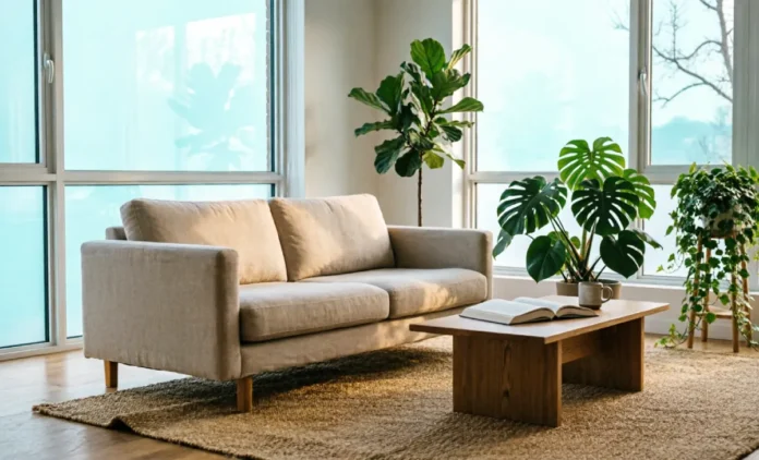 Sustainable Interior Design Principles — Natural Living Room A bright living room showing sustainable interior design principles with wood, linen, jute rug, and indoor plants.