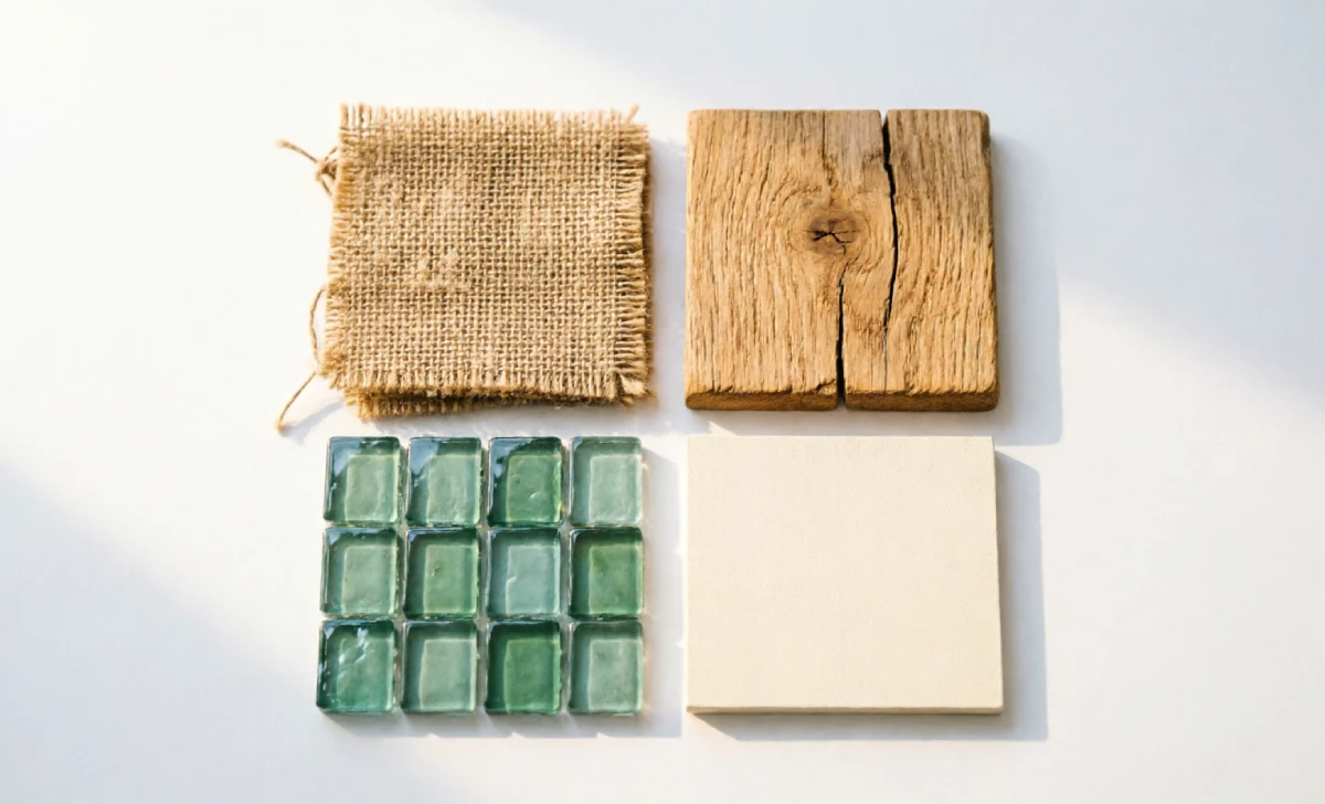 Natural materials used in sustainable interior design principles — jute fabric, reclaimed wood, recycled glass, and zero-VOC paint card.