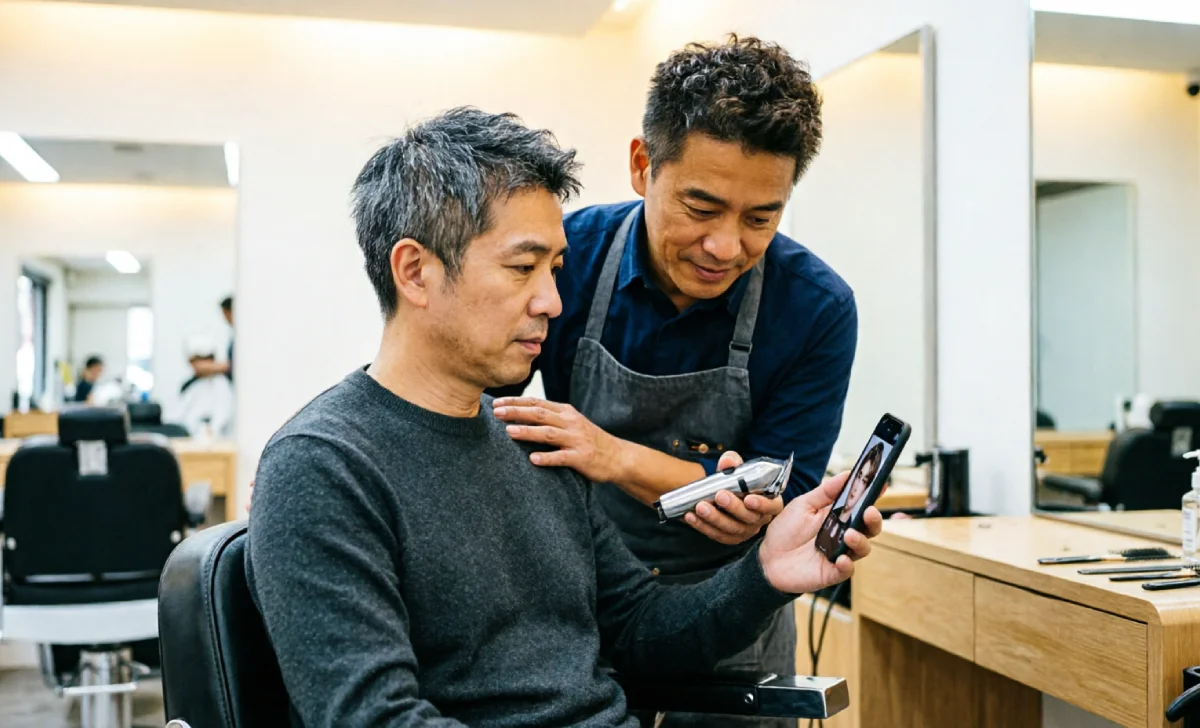 Man showing phone reference to barber before getting a taper vs fade haircut in a barbershop