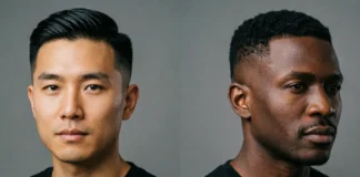 Taper vs fade haircut side-by-side comparison showing blended short sides on a man