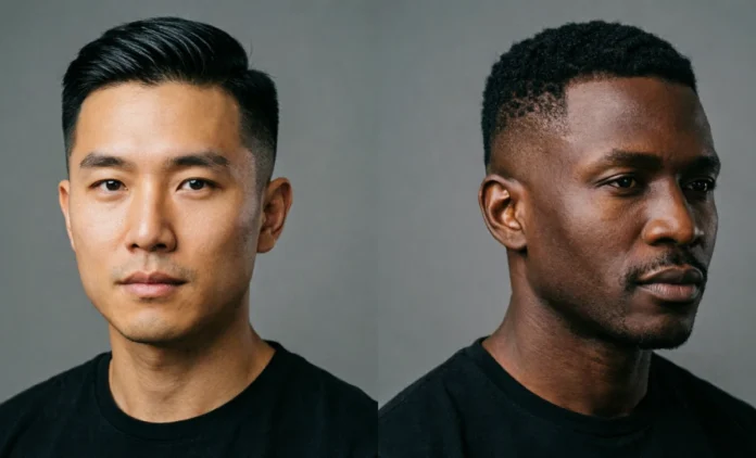 Taper vs fade haircut side-by-side comparison showing blended short sides on a man
