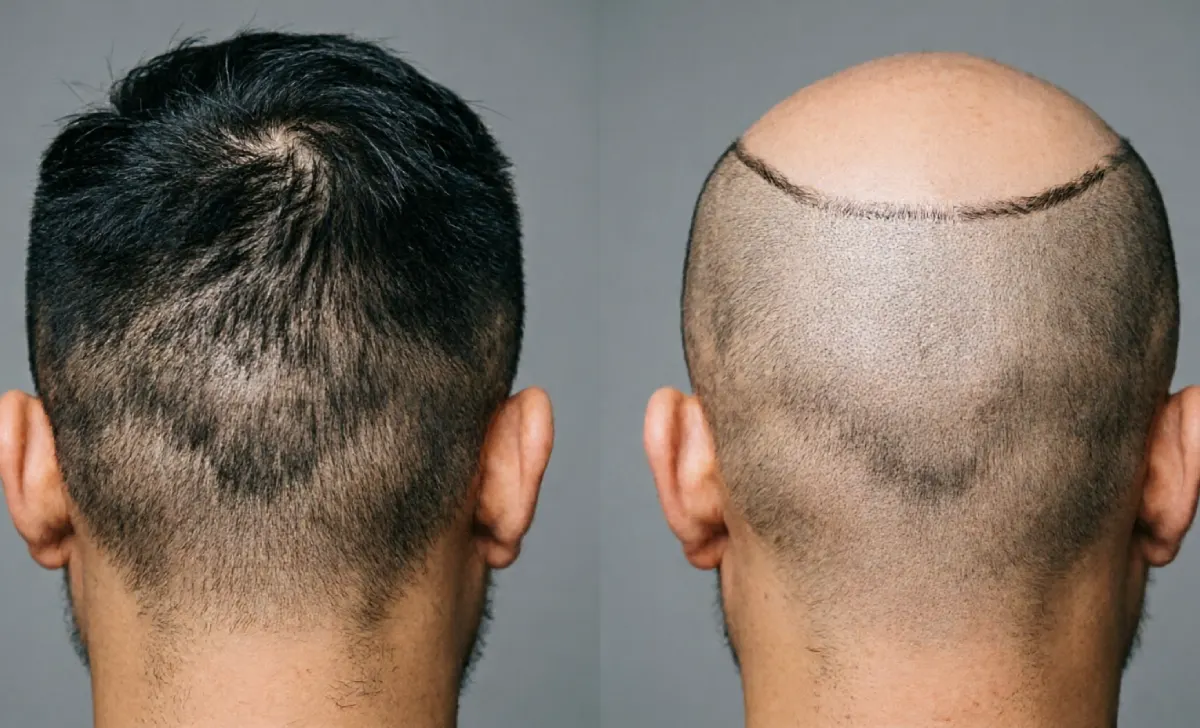 Close-up back of head showing taper vs fade neckline — taper blends naturally while fade goes to bare skin