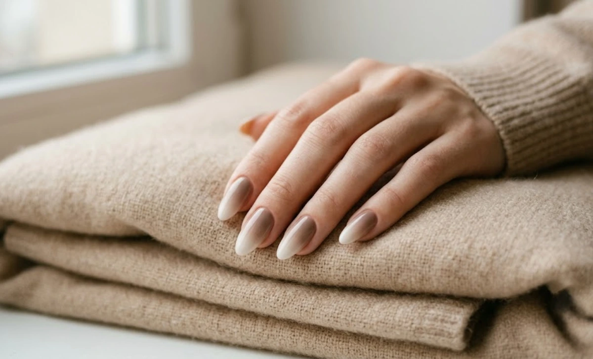 Fall ombre nail ideas in cozy neutral taupe and cream gradient on almond nails.