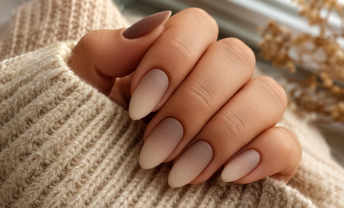 Taupe to cream fall ombre nail gradient on almond-shaped nails with matte finish