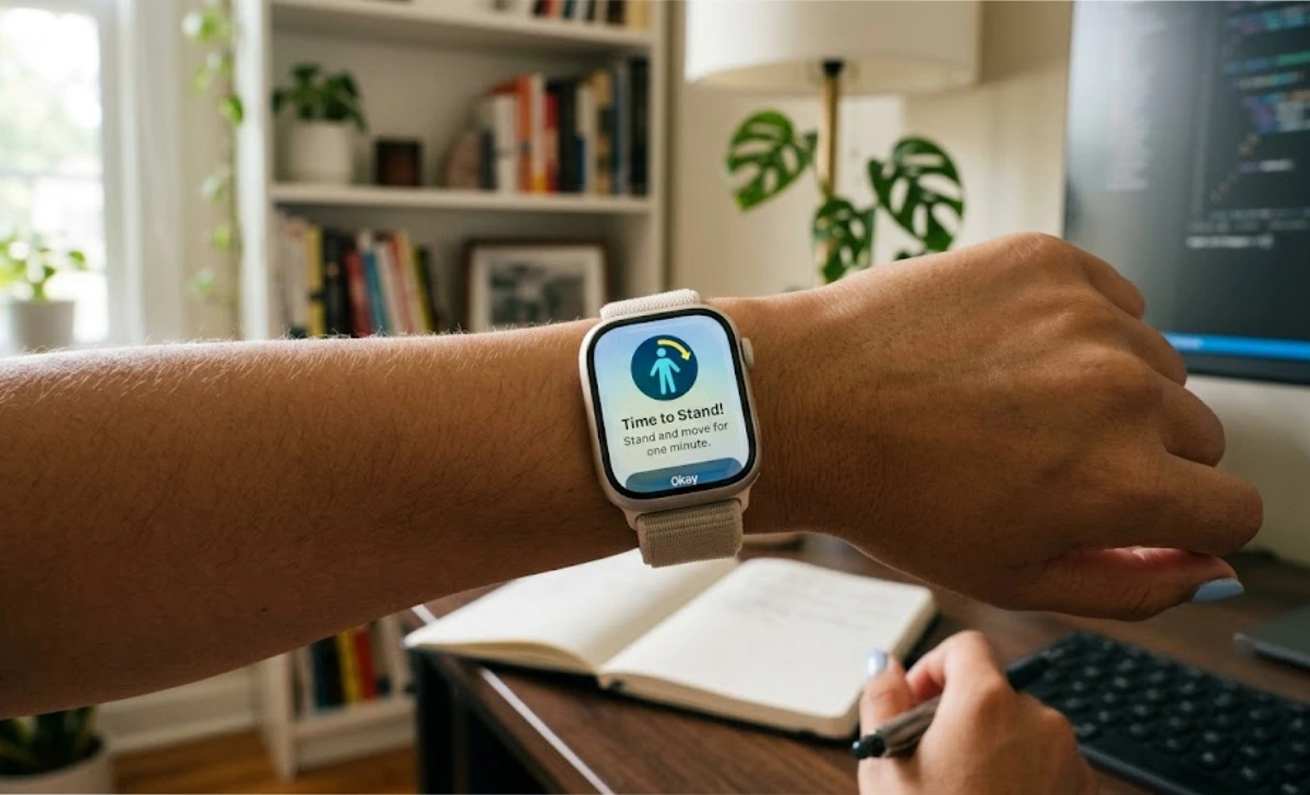Apple Watch showing stand reminder notification on wrist as part of technology and wellness daily movement habit