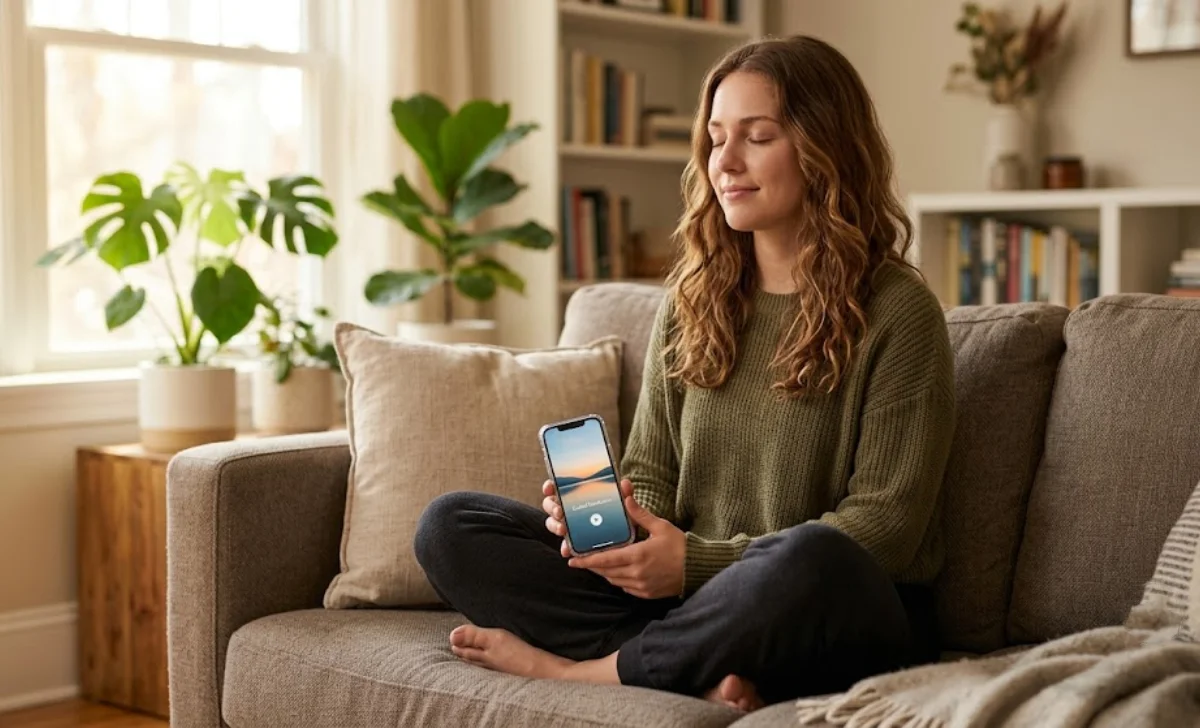 Woman using a meditation app on her phone to improve mental well-being through technology and wellness practices