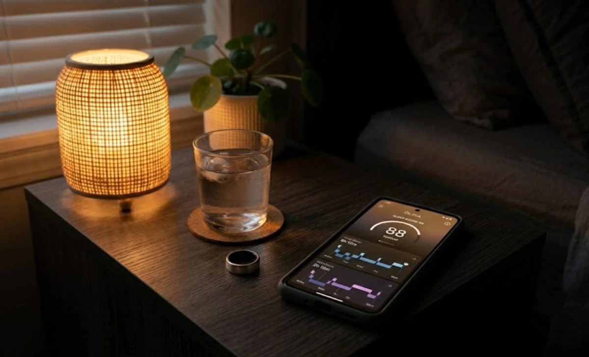 Oura Ring and sleep score on smartphone showing how sleep technology supports nightly recovery in a technology and wellness routine