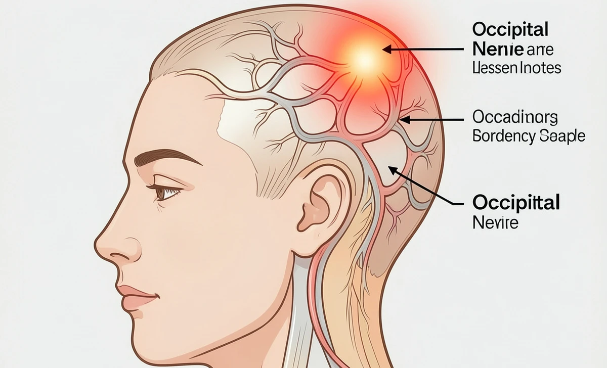 Anatomy diagram showing occipital nerve path causing scalp tender in one spot