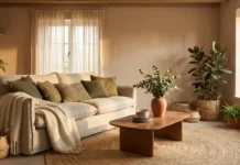 Texture in Interior Design: Types, Uses and Expert Tips Texture in interior design shown in cozy living room with velvet sofa, jute rug and reclaimed wood coffee table