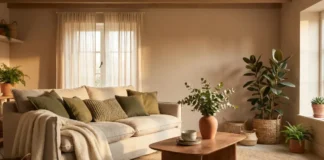 Texture in interior design shown in cozy living room with velvet sofa, jute rug and reclaimed wood coffee table