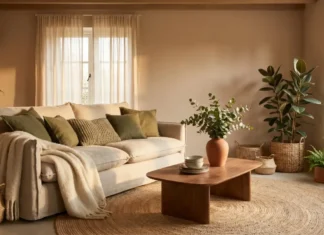 Texture in Interior Design: Types, Uses and Expert Tips Texture in interior design shown in cozy living room with velvet sofa, jute rug and reclaimed wood coffee table