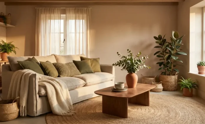 Texture in interior design shown in cozy living room with velvet sofa, jute rug and reclaimed wood coffee table