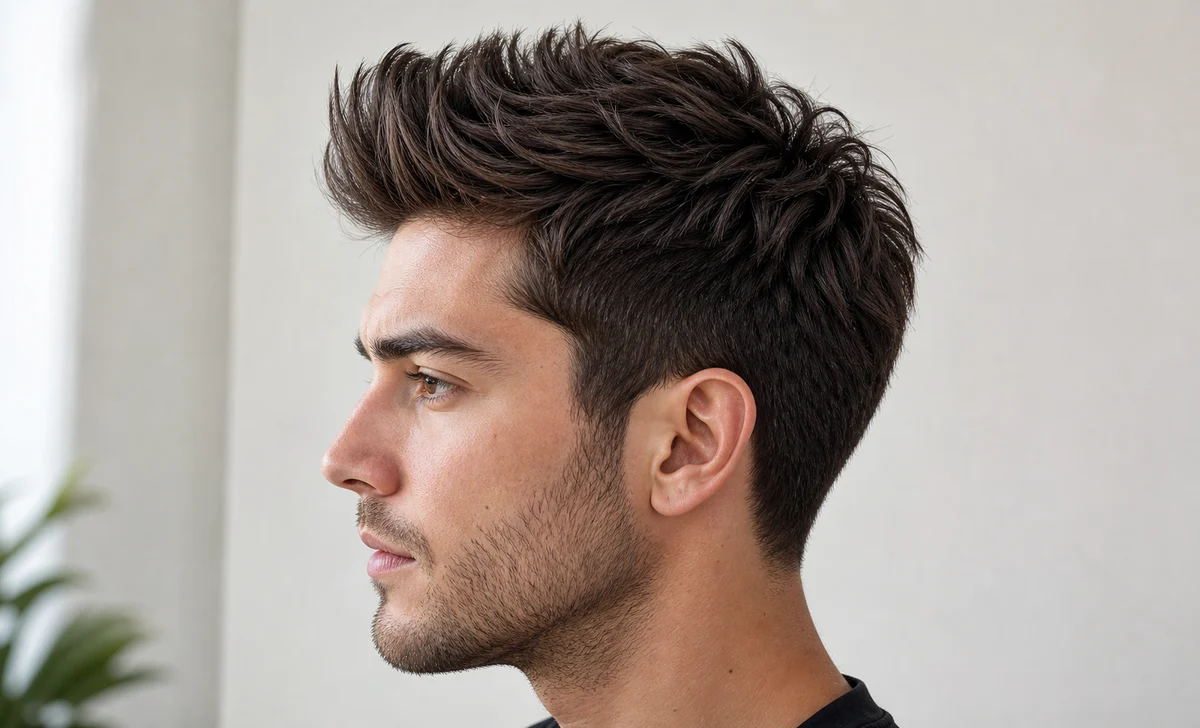 Man with thick hair styled into a textured quiff showing controlled volume