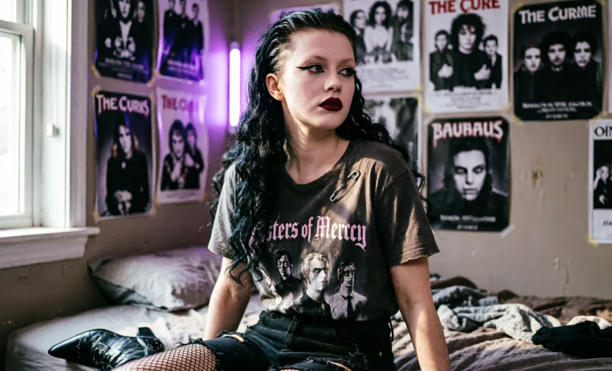 Close-up of a traditional goth with backcombed hair, heavy eyeliner, and a band tee.