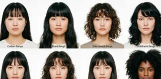 Image Alt Text Types of Bangs including curtain, blunt, wispy, and side-swept styles for different face shapes