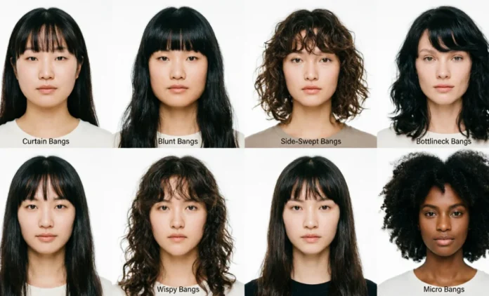 Image Alt Text Types of Bangs including curtain, blunt, wispy, and side-swept styles for different face shapes