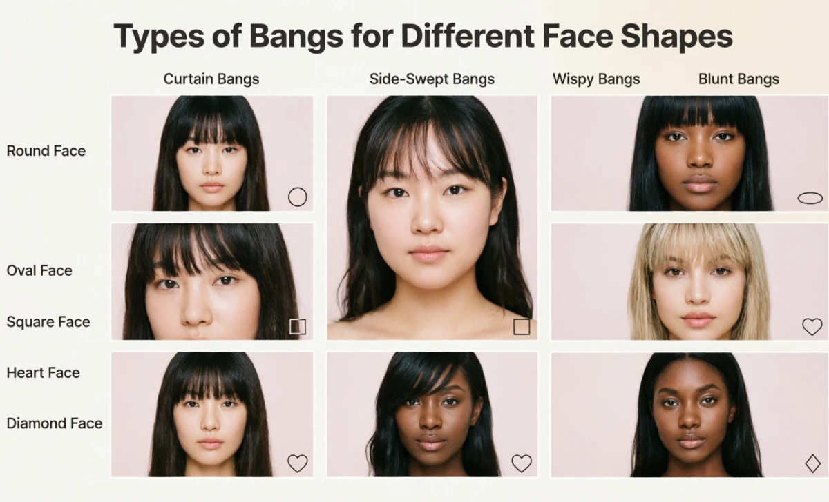Types of Bangs matched with round, oval, square, heart and diamond face shapes