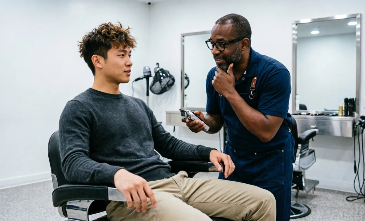 Man confidently asking his barber for a specific types of fades for men in a modern barbershop setting