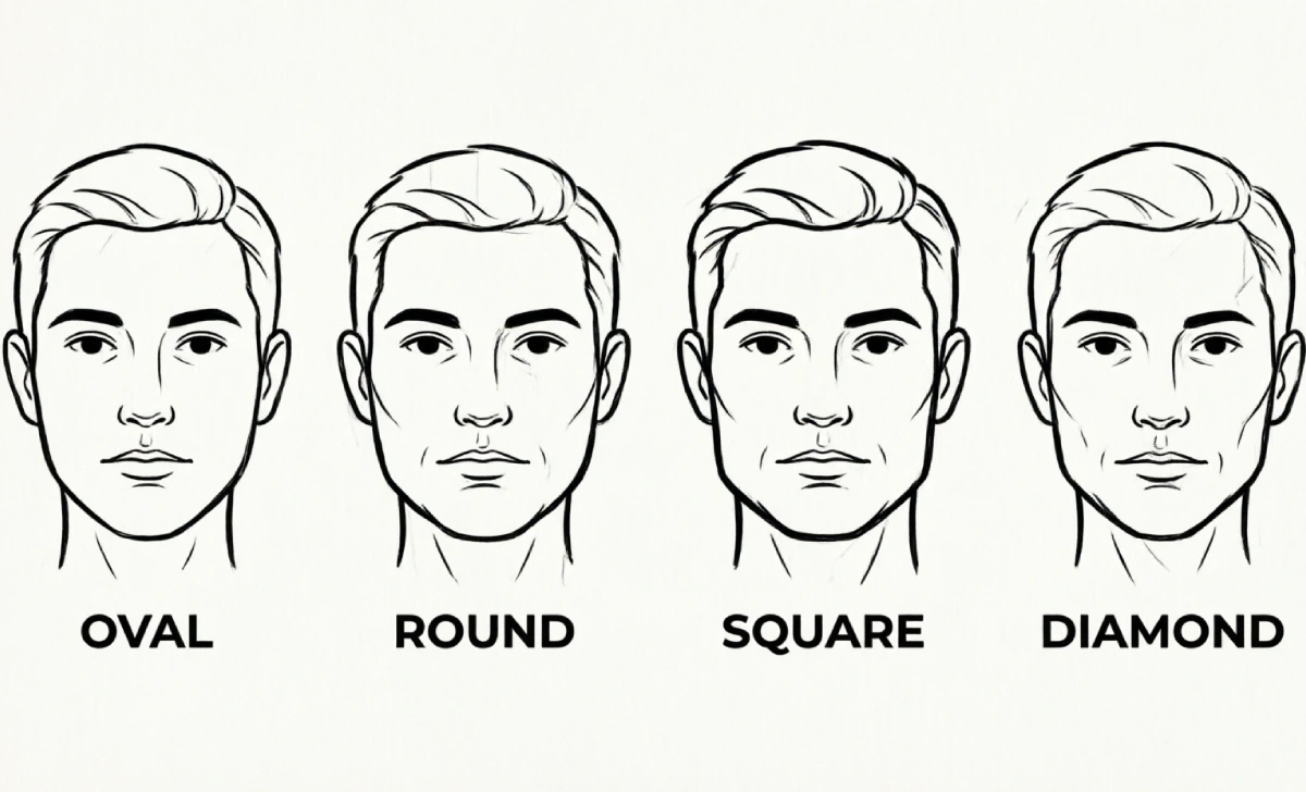 Face shape guide for choosing types of fades for men showing oval round square and diamond face shapes