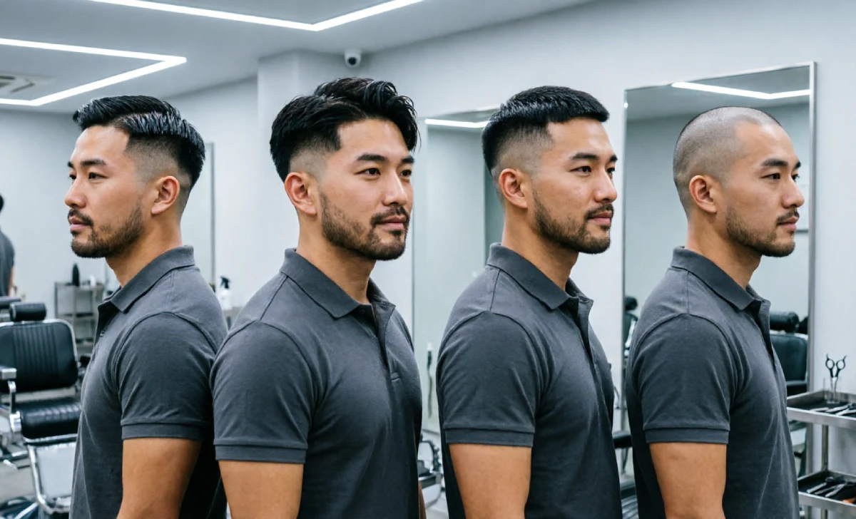 Comparison of types of fades for men including low fade mid fade high fade and skin bald fade haircut styles