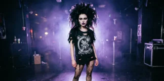 Types of goths — a trad goth with backcombed hair, black band tee, fishnets, and heavy eyeliner standing in moody low light