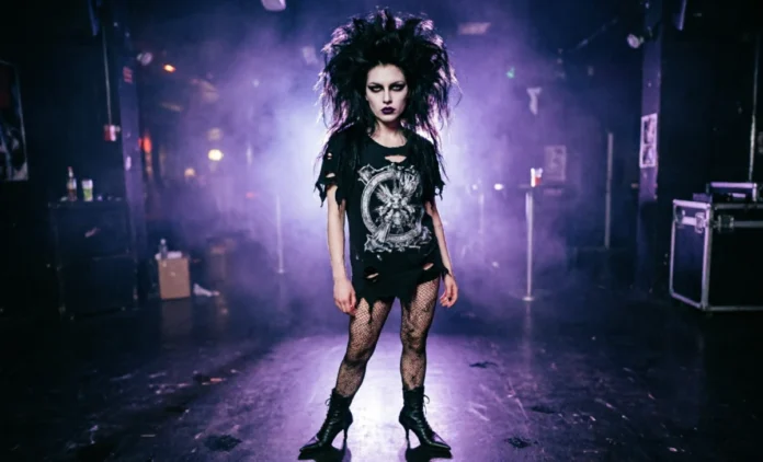 Types of goths — a trad goth with backcombed hair, black band tee, fishnets, and heavy eyeliner standing in moody low light