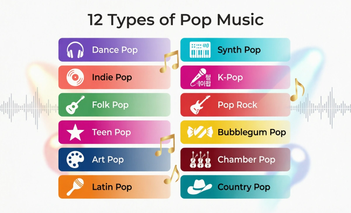 types of pop music infographic showing 12 subgenres of pop music with modern colorful design