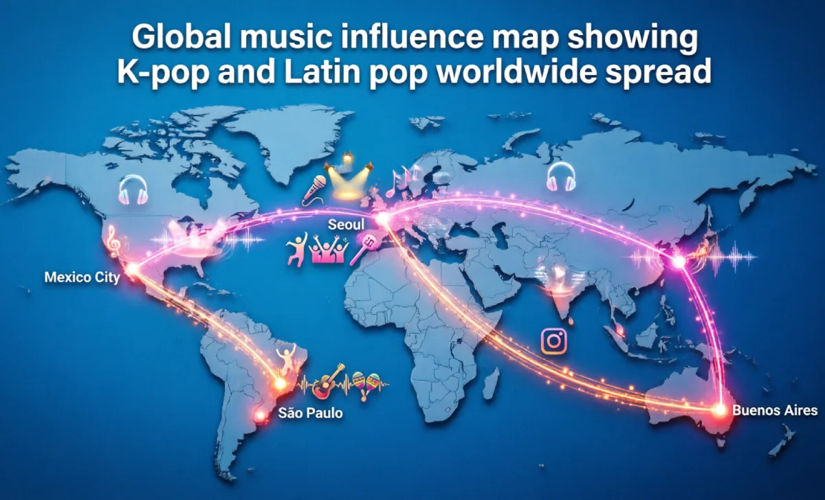 types of pop music global map showing K-pop and Latin pop cultural influence worldwide