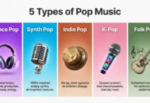 12 Types of Pop Music: History, Subgenres and Notable Artists types of pop music infographic showing different subgenres like dance pop, K-pop, synth pop and indie pop