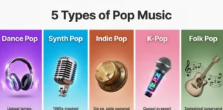 types of pop music infographic showing different subgenres like dance pop, K-pop, synth pop and indie pop