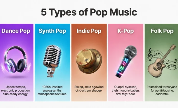 types of pop music infographic showing different subgenres like dance pop, K-pop, synth pop and indie pop
