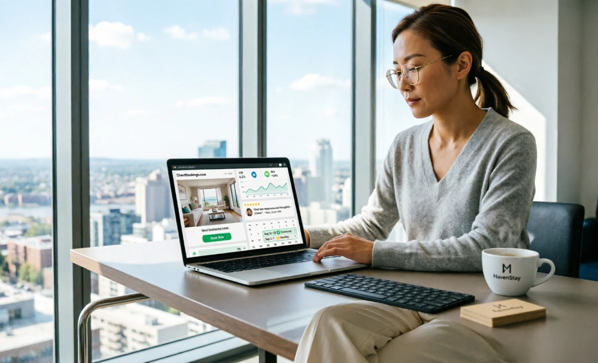 Vacation rental market trends showing a host managing direct bookings through a branded website and digital marketing.