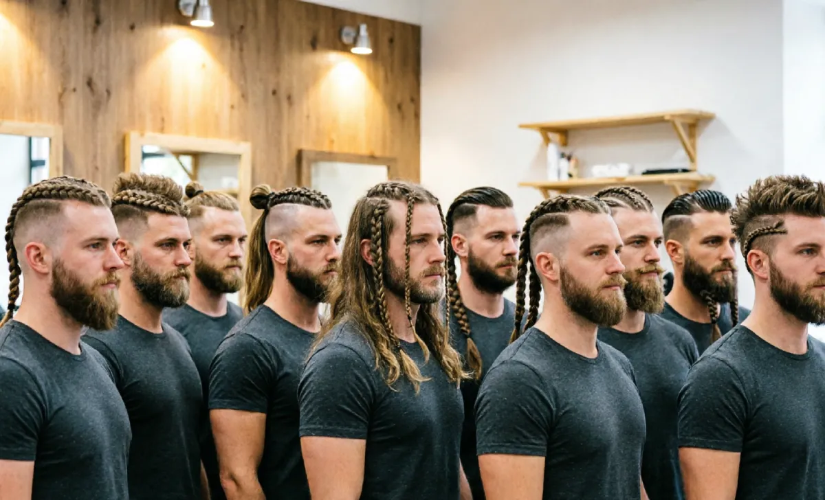 Viking haircuts showcasing four top styles including double braids razor fade warrior ponytail and top knot