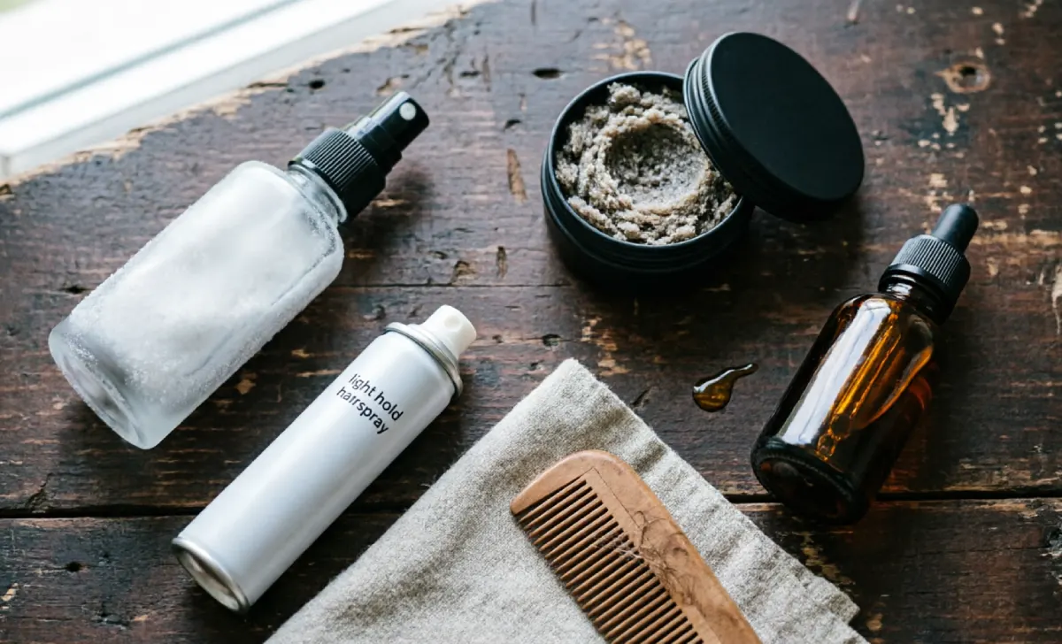 Viking haircuts styling products flat lay showing sea salt spray matte clay beard oil and light hairspray