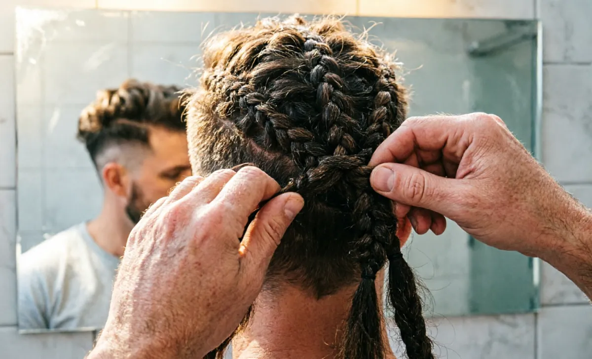 Viking haircuts braiding tutorial showing man braiding his own three strand braid from crown to nape