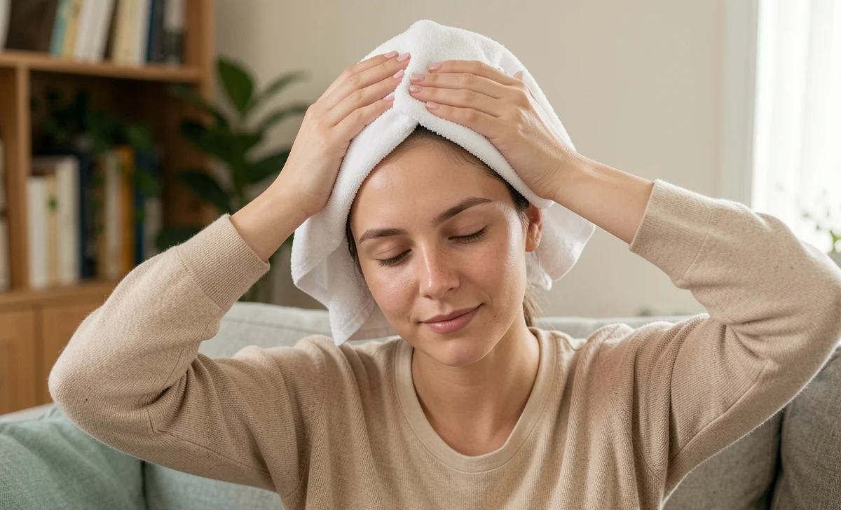 Person applying warm compress at home to relieve scalp tender in one spot