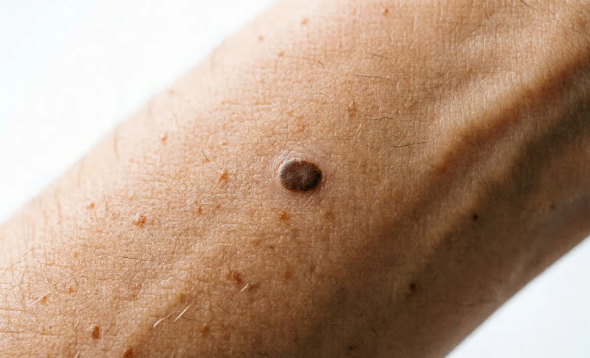 Close-up of a flat mole on skin showing flush brown pigmentation